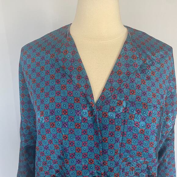 Vintage Blouse Top Size Small Blue Red Scarf Print Satin Long Sleeve Secretary - Picture 2 of 15